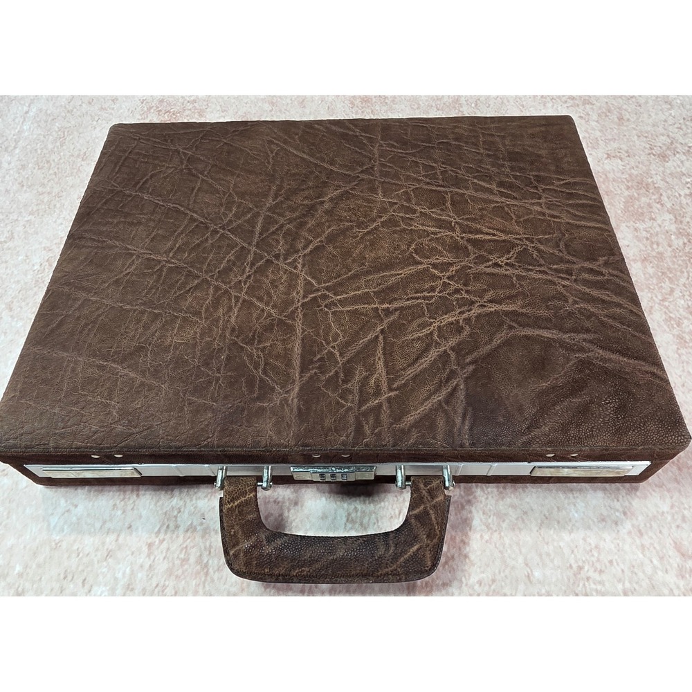Vintage Elephant Embossed Leather Attache Briefcase Combination Lock Brown Case - Picture 2 of 14